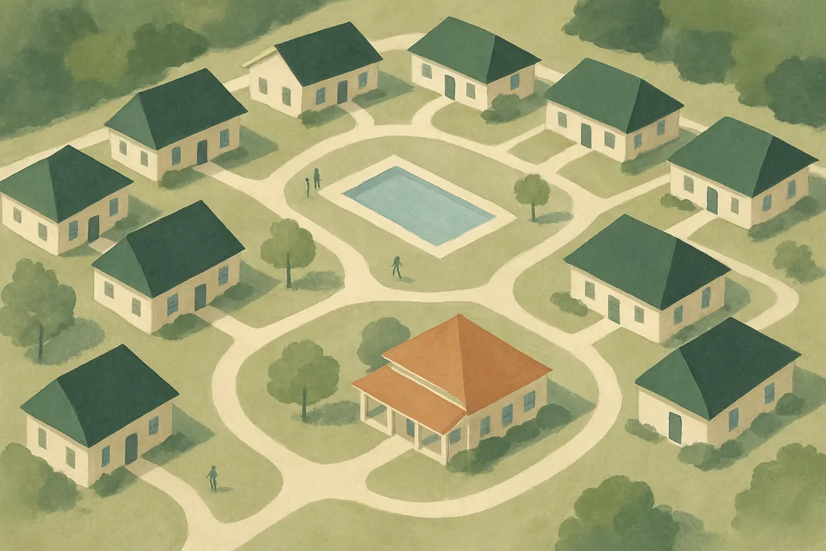 Row of townhomes with a shared pool and landscaped common area managed by a homeowners association